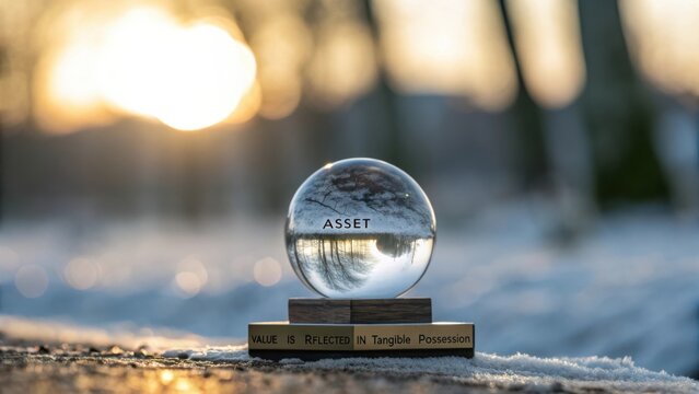 Clear glass sphere on wooden base signifies value and asset in winter landscape with blurred nature background and sunlight