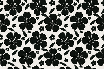 Seamless hibiscus floral pattern in black and white, featuring tropical blooms and leaves, ideal for fabric, wallpaper, summer design, and beach style.