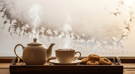 Fototapeta premium Hot tea pot and cup on wooden tray with cookies, frost-covered window behind