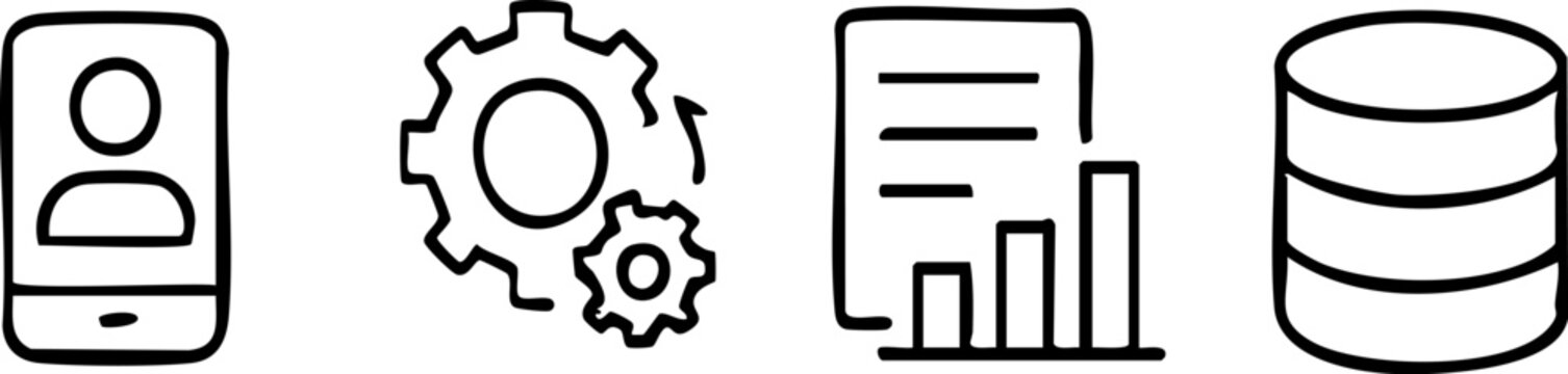 Set of four icons representing user profile gears document with chart and database.