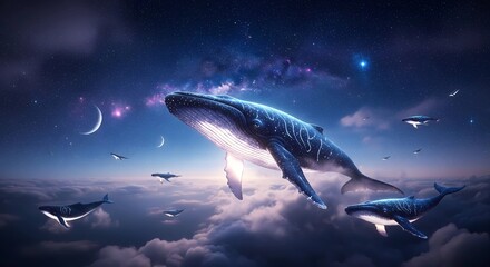 Fototapeta premium A pod of colossal, glowing blue and purple whales swims through the starlit night sky. This surreal fantasy image conveys the vast mystery of the cosmos and limitless adventure.