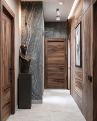 Narrow hallway with wood paneled walls, marble accent, art, and a bust sculpture