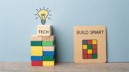 Colorful building blocks stacked to symbolize technology and smart innovation with a light bulb icon above them