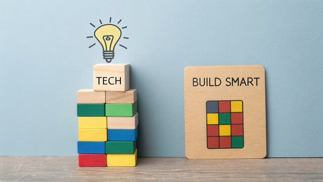 Colorful building blocks stacked to symbolize technology and smart innovation with a light bulb icon above them