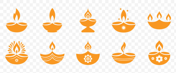 Black diya lamp icons with flame in various traditional designs on white background