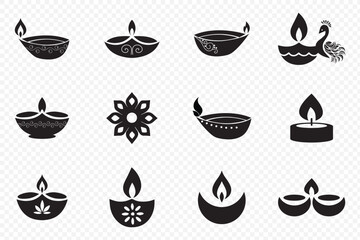 Diwali Diyas Silhouette Set – Festival of Lights Vector Icons Traditional Diya Silhouettes – Indian Diwali Celebration Graphic Set