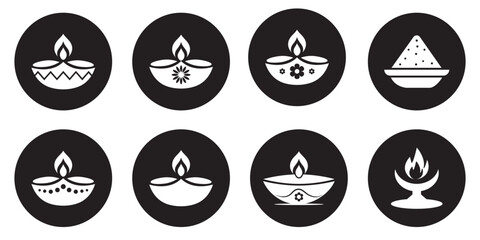 Minimal Diwali Lamp Icons – Black Candle and Oil Lamp Symbol Collection