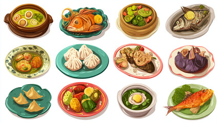 A collection of twelve illustrated dishes showcasing diverse culinary presentations art