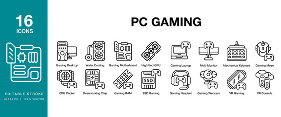 PC Gaming icon set. Includes pc, computer, gaming, play, gamer, game and More. Editable Stroke Icon Collection.