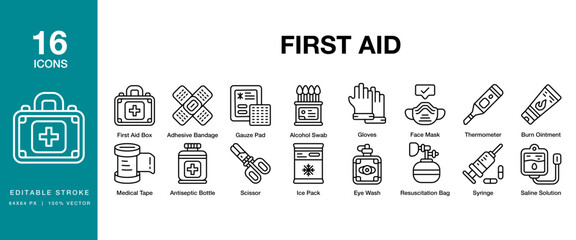 First Aid icon set. Includes health, emergency, help, aid, medical and More. Editable Stroke Icon Collection.