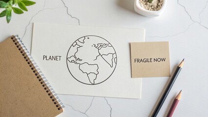 Illustration of Earth with a note saying "Fragile Now" highlighting environmental awareness and urgent call to action