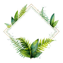 Diamond border of watercolor ferns and leaves creates a natural and elegant frame element.