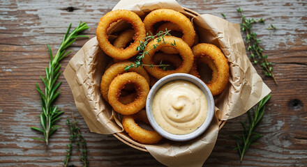 Naklejka premium Overhead Shot of Crispy Homemade Onion Rings in Wooden Basket 
