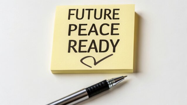 Inspirational message on sticky note promoting future peace and readiness with a silver pen on a white background