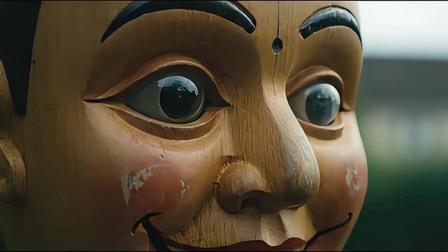 Close-up shot of a wooden puppet's face, showcasing intricate details and a slightly unsettling expression.