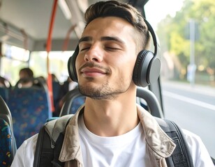Relaxed man with headphones enjoys a bus ride