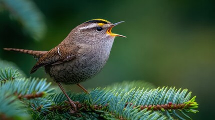 Golden crowned kinglet singing on a branch