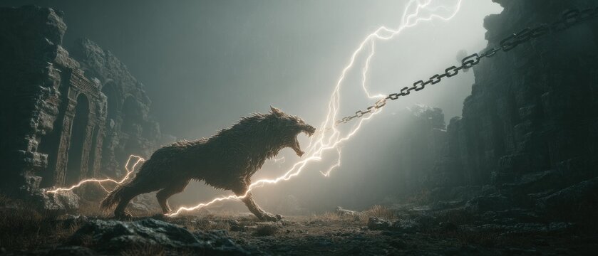 Wolf chained with lightning in a dark environment