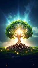 Majestic, glowing tree with deep roots and sky light