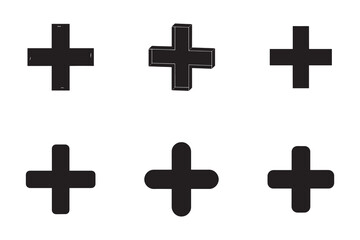 Fototapeta premium Collection of Black Plus Sign Symbols on White Background Graphic Representation of Addition and Mathematics Operations Plus One 3D Shape