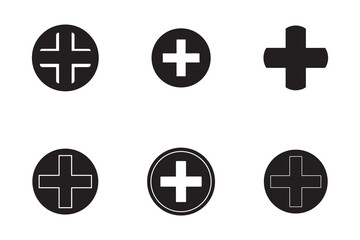 Fototapeta premium Collection of Black Plus Sign Icons on White Background for Medical Design and Interface Applications Multiple Styles