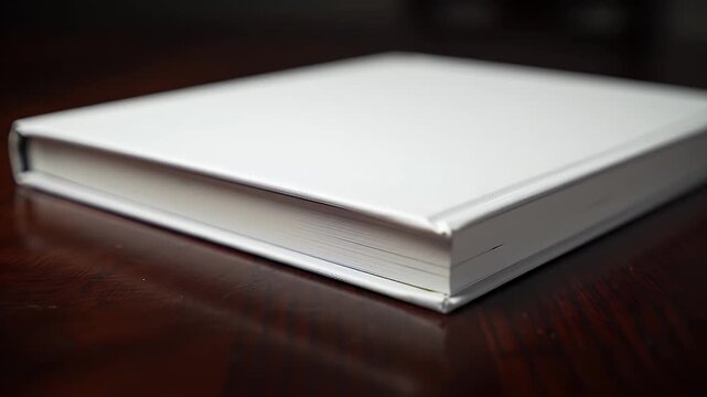 Closed White Hardback Book on a Dark Brown Wooden Table Top with Soft Lighting in a Close Up Detailed Studio Shot for Adobe Stock Photos