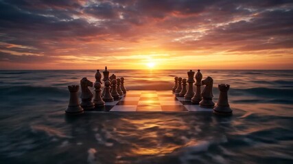 Chessboard in ocean at sunset conceptual image