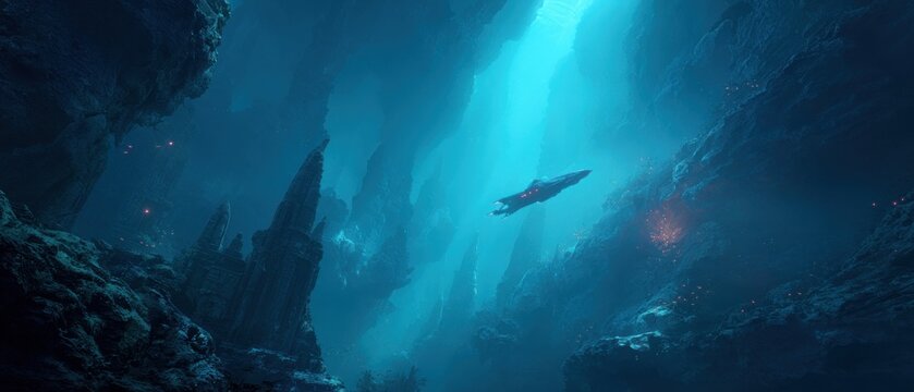 Futuristic spaceship flying through a deep underwater cavern