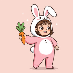 Cartoon child in pink bunny costume holding carrot, smiling on light pink background with sparkles.