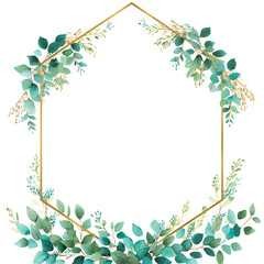 Fototapeta premium Watercolor greenery adorns a geometric gold frame, showcasing a delicate botanical design.
