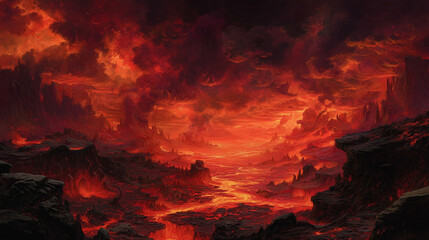 a depiction of hell with fiery landscapes, rivers of lava, dark ominous skies, demonic figures, intense and dramatic lighting, sense of despair and chaos, highly detailed and vivid, dark fantasy style