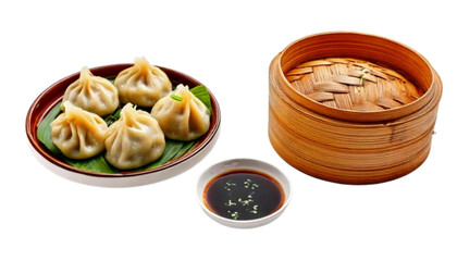  Authentic Asian Steamed Dumpling Pair with Dipping Sauce, isolated on transparent background