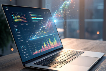 Financial Growth at Your Fingertips: An open laptop, displaying an impressive rising stock chart, illuminates the promise of prosperity and financial innovation in the world of business.