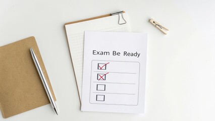 Exam Preparation Checklist with Marked Items and Stationery on White Background for Study Organization