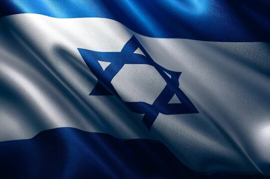 Close-up video of Israel flag background, realistic vector-style illustration, high-definition, vibrant colors, smooth motion, clean and detailed, suitable for digital design or cinematic use