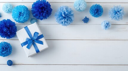 memorable. Celebration concept with blue decorative elements on a white wooden background. tutorial guides, club newsletters, designed for sports & leisure club marketing, used by product marketers.