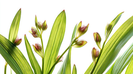 Fototapeta premium A close up of flower buds and leaves with a white background in a botanical setting