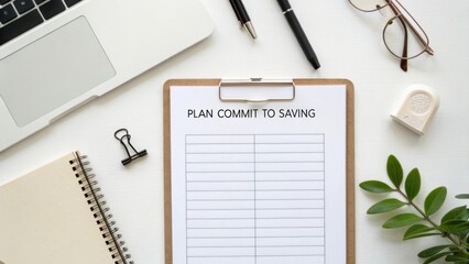 Organized workspace with clipboard, pens, and notebook for planning financial goals and saving strategies