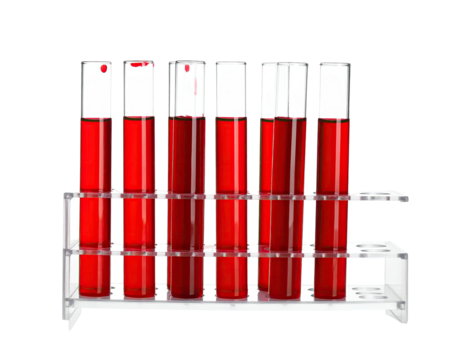 Clear plastic rack holds multiple test tubes filled with red liquid - Powered by Adobe