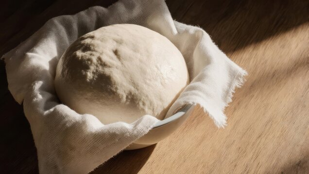 Freshly Prepared Dough Ball Resting in a Cloth on a Wooden Surface. - Powered by Adobe