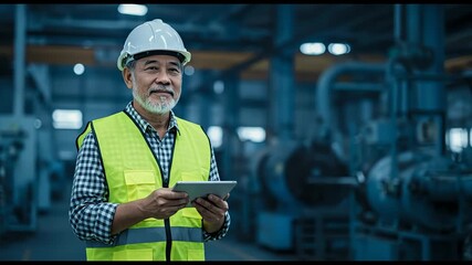 Experienced factory supervisor reviewing production data on tablet, a symbol of industrial progress and operational efficiency in modern manufacturing. - Powered by Adobe