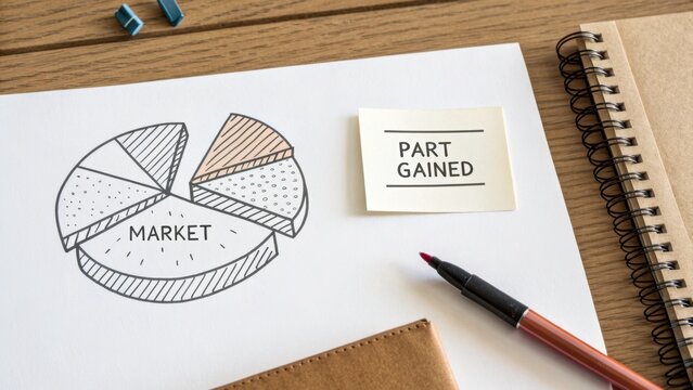 Hand-drawn market analysis chart with sticky note emphasizing gained part on a wooden desk with stationery elements