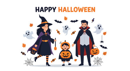 Adobe illustrator artwork vector illustration. Happy family in Halloween costumes trick-or-treating with pumpkins, ghosts, and bats. Ideal for holiday greeting cards and festive promotions