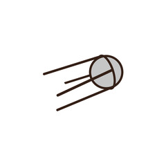 doodle of a satellite, resembling Sputnik. It has a light grey spherical body with a dark outline, and three dark brown, thin antennae or rods extending from one side, suggesting motion