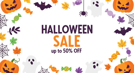Adobe illustrator artwork vector illustration. Festive Halloween sale banner with pumpkins, ghosts, bats, and fall leaves. Ideal for promoting holiday discounts and seasonal offers
