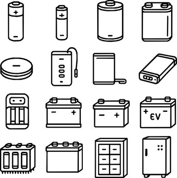 Battery Types Vector Icon Set &mdash; 16 Ultra-Fine Outline Icons
