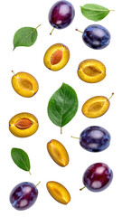 Plums, halved and whole, with leaves, against black