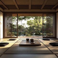 A calming japanese zen room featuring tatami mats, shoji screens, and a serene garden view, promoting relaxation and mindfulness