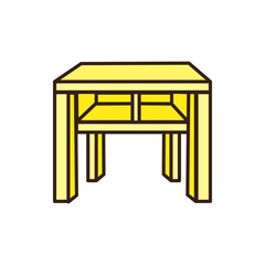 doodle of square table, colored yellow with a dark brown outline, featuring four legs and cross-bracing visible beneath the tabletop