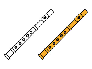 Simple vector illustration of a recorder flute or wind instrument, shown with a full outline drawing and a colored version, ideal for music education, children's coloring pages.